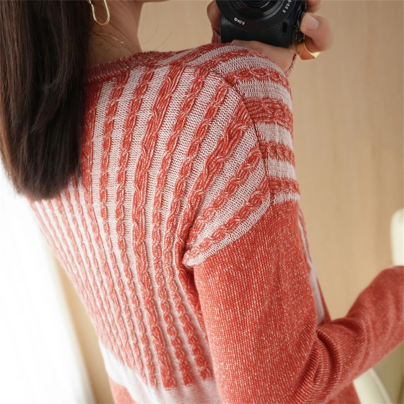 Hot Sale New Autumn Winter 100% Pure Cotton Sweater Women O-neck Pullover Contrast Vertical Stripe Loose Casual Knit Base Tops