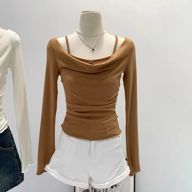 

Casual Slash Neck Fake Two Pieces Tops Classical Solid Color Long Sleeve Women T-shirt 2025 Early Autumn New Slim Fit Tees