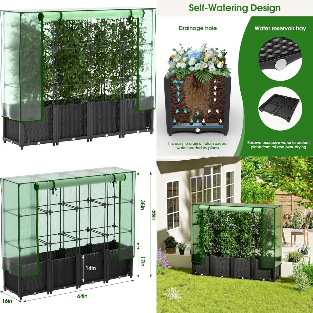 

Пластиковая вертикальная садовая кровать 64x16x55,5 дюймов с крышкой для теплицы, решеткой и горшками для томатов для восхождения