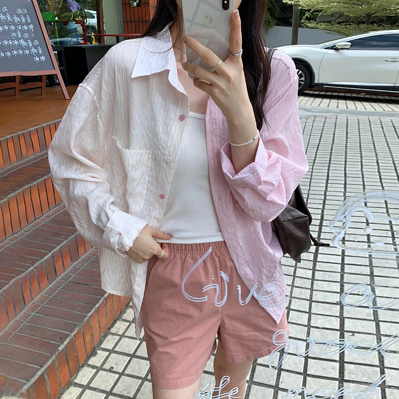 

2024 New Women Contrast Color Striped Shirt Female Sunscreen Long-sleeved Loose Shirts Chic Stitching Casual Blouses