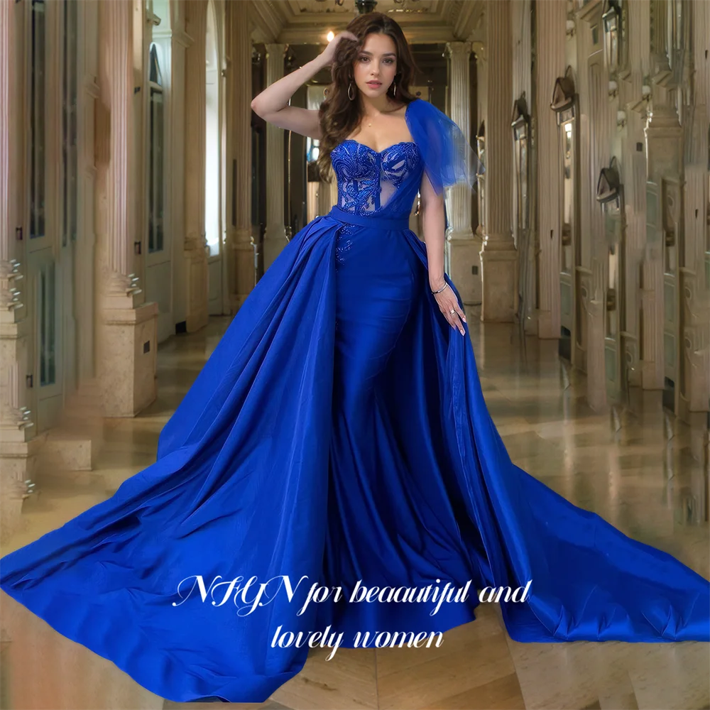 

NFYN Royal Blue Long Stain Women Prom Dresses Mermaid Sweetheart One-shoulder Night Party Dresses Pleat Evening Gown Customized