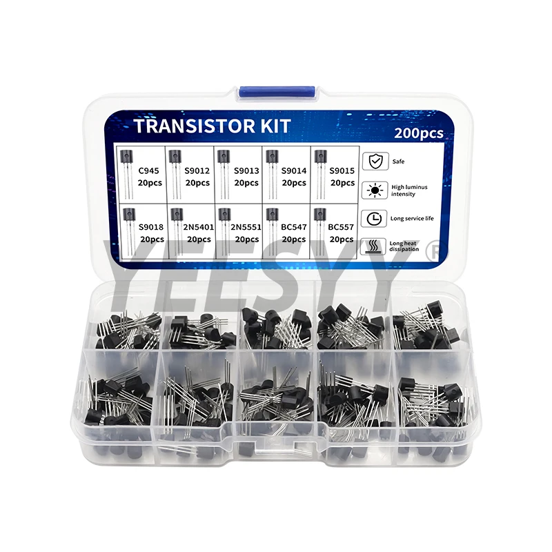 200pcs BJT Transistor Kit 10 Values A1015 BC327 BC337 C1815 S8050 S8850 2N2222 2N2907 PNP NPN Bipolar Power Transistor