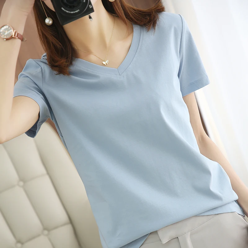 Women Tshirts 2024 Summer O-neck 100% Cotton Short Sleeve T-shirt Korean Grey Blue V-neck Tops Tees Casual Solid Female Shirt