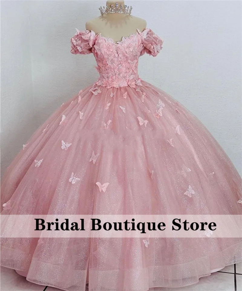 

Cute Pink Butterfly Flower Girls Dress Appliques Off Shoulder Princess Child Ball Gown For Birthday Party Beads Vestidos