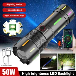 High Power Spotlight White Laser LED Flashlight Fluorescent Absorbing Film Luminous Colorful Zoom Flashlight Camping Emergency