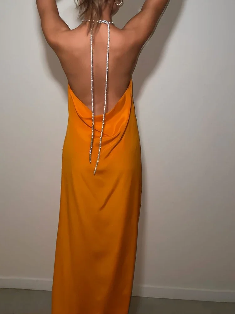 FDYOUI Abito lungo senza schienale con lacci sexy con scollo all'americana da donna 2025 Abiti da sera estivi senza maniche in raso con spacco alto Party Clubwear