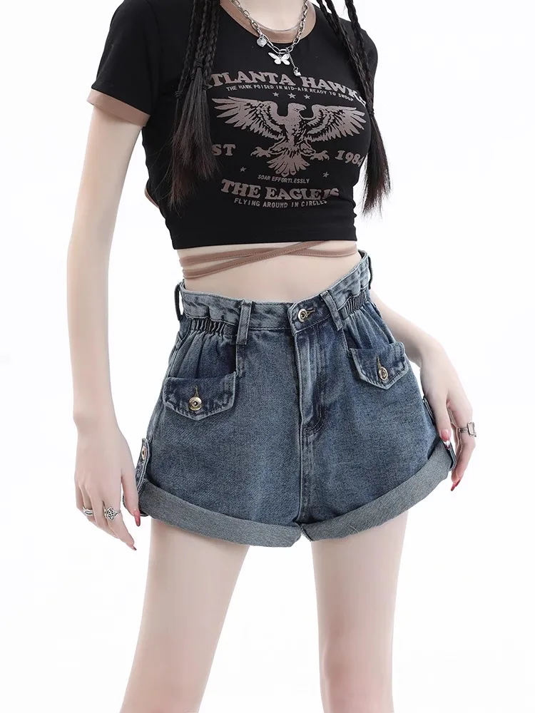 High Waist Sexy Girl Denim Shorts Women's New 2026 Summer Design Slimming Small Size Cuffed Wide Leg Hot Pants Cotton Polyest...