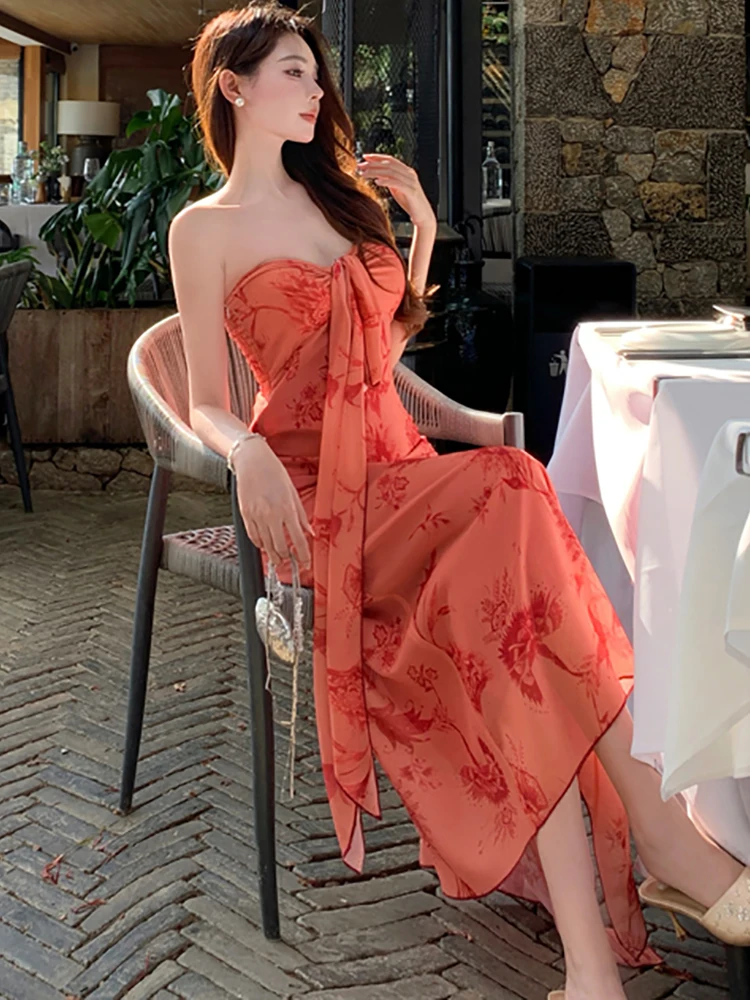 ฤดูร้อนดอกไม้สีแดง Chic Bow หน้าอกห่อชุดยาวเซ็กซี่ผู้หญิงสบายๆชุด 2025 เกาหลี Elegant Bodycon พรหมชุด