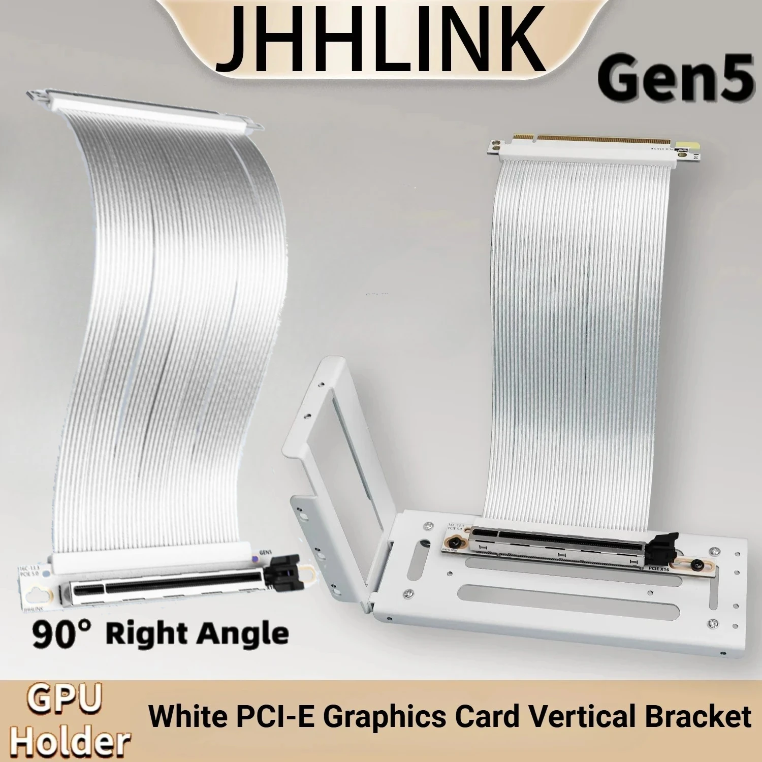 White Riser PCI-E 5.0 x16 Newest Graphics Card Vertical 90° Mounting Bracket Kit GPU Holder+GEN5 PCIE 5.0 16X Riser 64GB/S Cable
