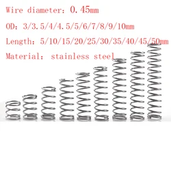 Micro resorte de compresión pequeño de acero inoxidable, 0,45mm, OD 3/3, 5/4/4, 5/6/7/8/9/10mm, longitud de 5mm a 50mm, 20 unidades por lote