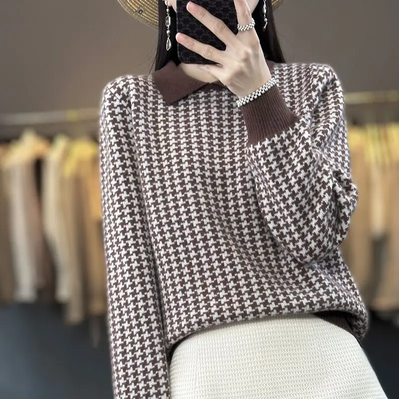 Women\'s Clothing Houndstooth Knitted Jumpers Casual Turn-down Collar Spliced 2023 Autumn Winter All-match Korean Loose Sweaters