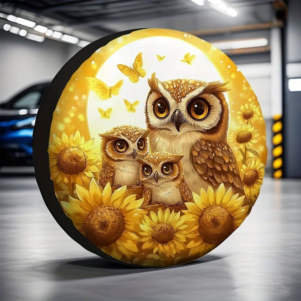 Owl Family Sunflower Tire Cover Waterproof Polyester Spare Wheel Protector Outdoor