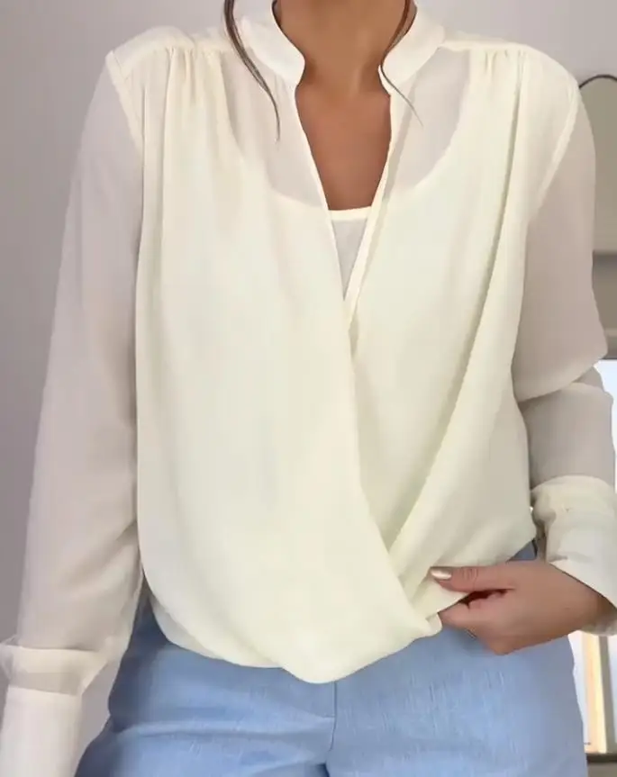 

Stand Collar Overlap Draped Front Slit Hem Blouse Casual Faux Two-Piece Chiffon Top