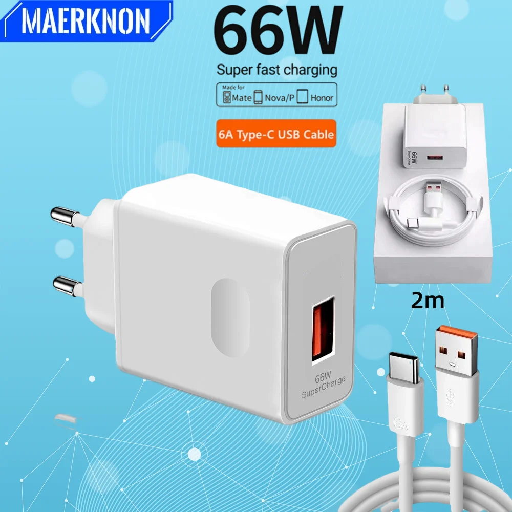 

66W USB Quick Charge 3.0 Travel Charger PD Fast Charging Charger With 6A Data Cable For Huawei Xiaomi 14 Samsung Wall Adapter