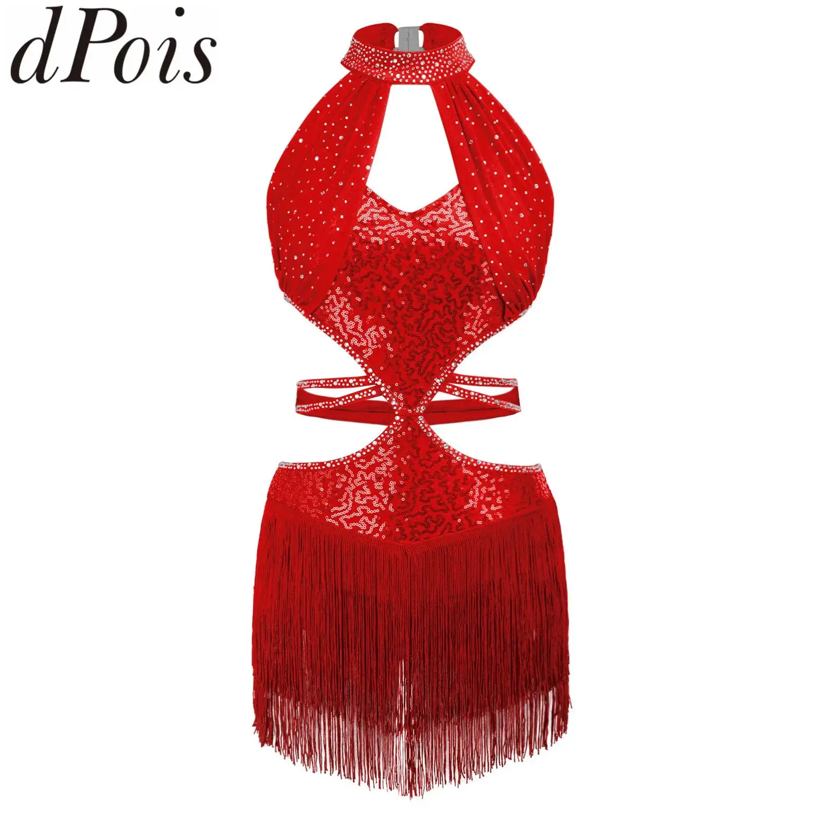 Women Tassel Bodysuit Jazz Figure Skating Competition Costumes Rhinestones Halter Sleeveless Tango Latin Dance Leotard Dresses