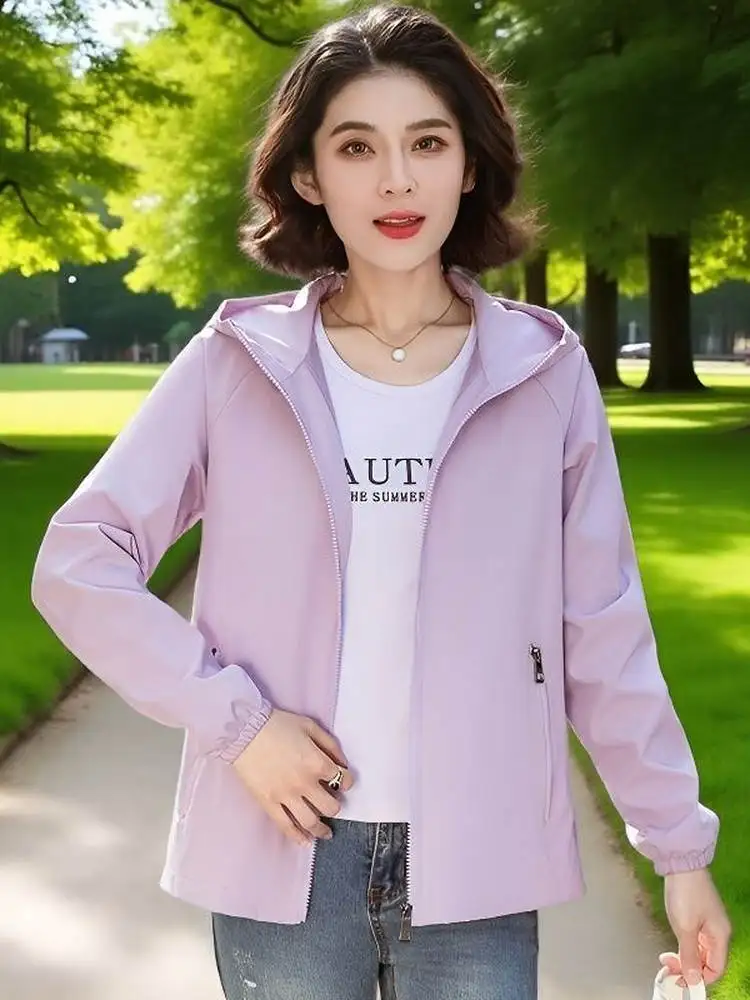 Spring Autumn Short Lightweight Outdoor Casual Loose Women's Jacket Couple Matching Hooded Zipper Pocket Waterproof Coat