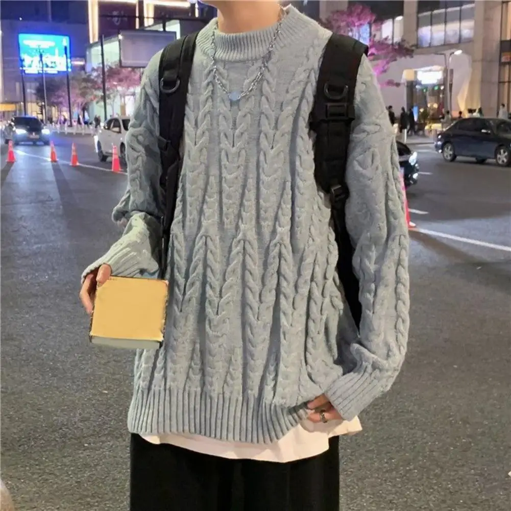 

Men Long Sleeve Sweater Stylish Men's Solid Color Knitted Sweater with Loose Fitting Round Neck Long Sleeves for Autumn Winter