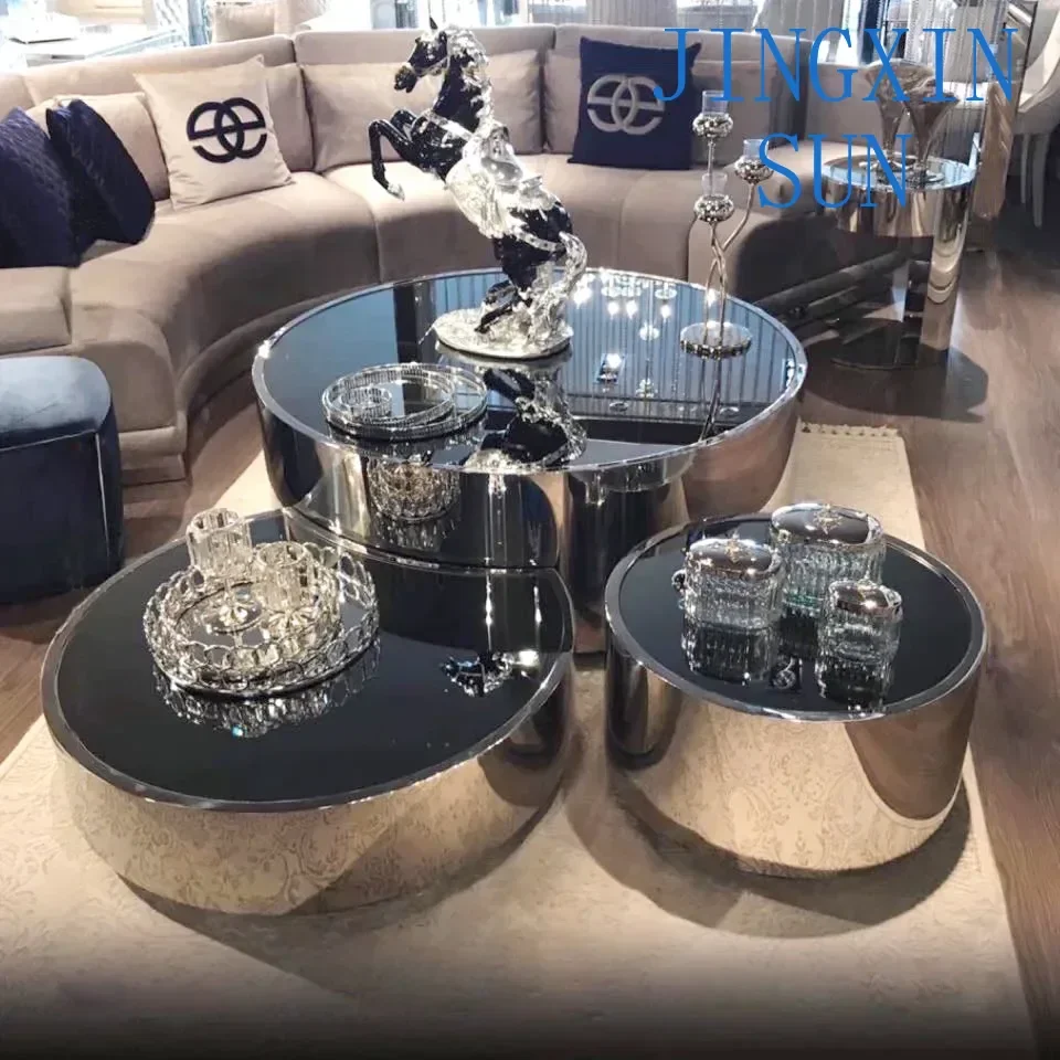 Stainless steel tempered glass coffee table, simple and light luxury style villa, high and low combination circular table