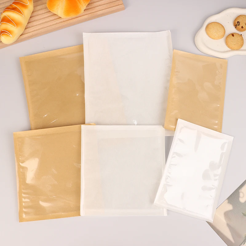 10Pcs Disposable Kraft Paper With Window Bread Packaging Bags Oil-proof Breakfast Cookie Bread Supplies Party Food Bags