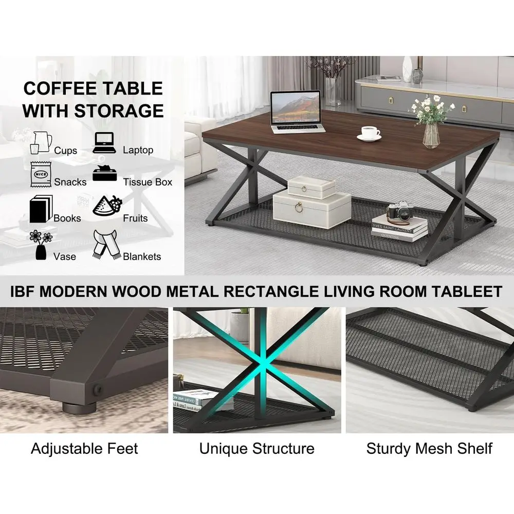 Industrial-Style Walnut 2-Tier Coffee Table with Mesh Shelf, 47 Rectangle, Storage Space for Living Room