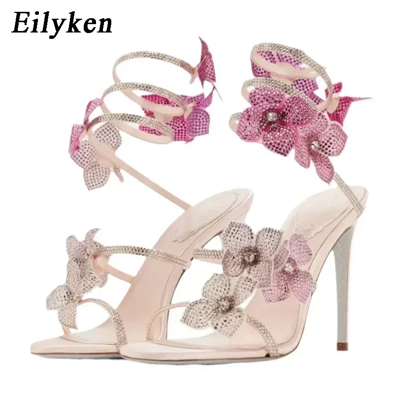 Eilyken Sexy KRISTALL Blume Dünne High Heels Frauen Sandalen Street Style Schmale Band Ankle Strap Pole Dance Damen Schuhe