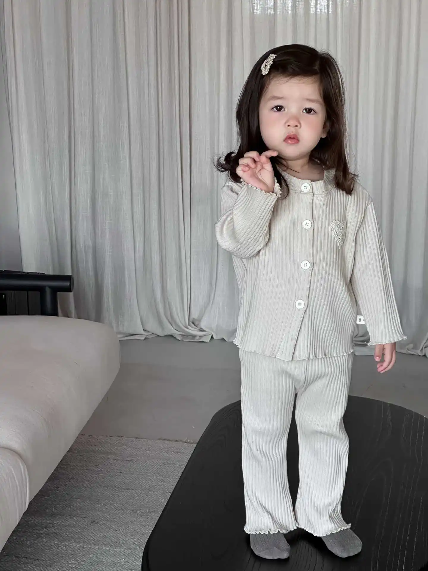 2025 Autumn New Baby Girl Long Sleeve Clothes Set Infant Girl Heart Cardigan + Pants 2pcs Suit Solid Toddler Cotton Outfits