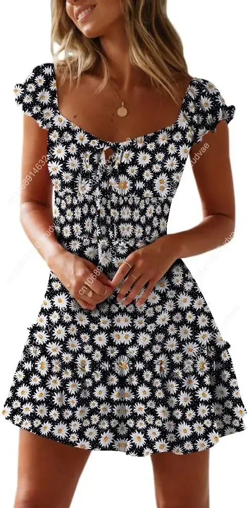

Summer Ruffle Sleeve Women's Sweetheart Neckline Printing Dress Mini Dress