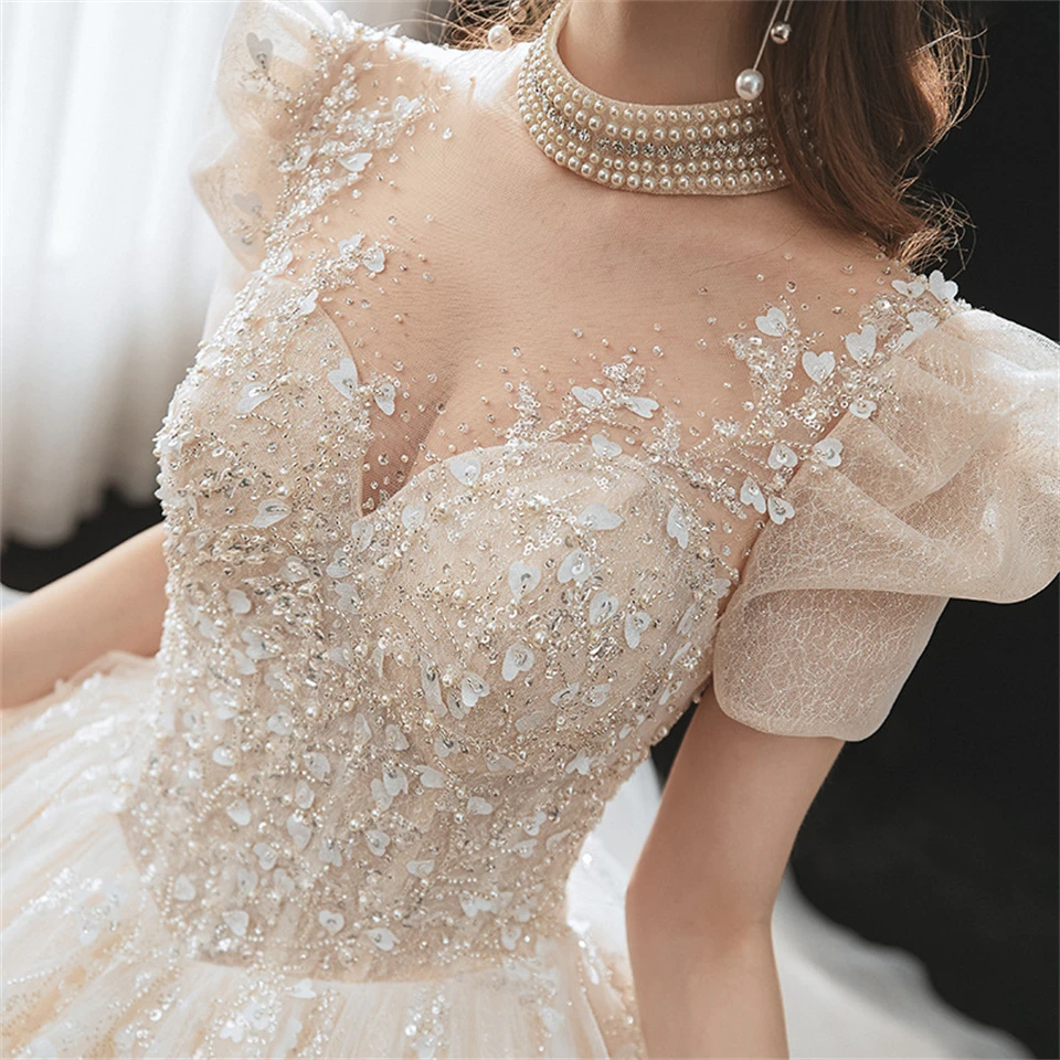 Customized Luxury High Neck Crystal Tulle Puff Sleeves Ball Gown Wedding Dresses 2024 Chapel Train Bridal Gown Vestidos De Novia