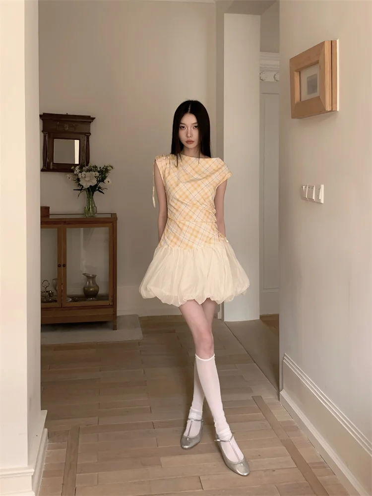 CHEERART Yellow Plaid Designer Bud Short Dresses Summer Sleeveless Drawstring Patchwork Ball Gown Cute Mini Dress Woman Clothes