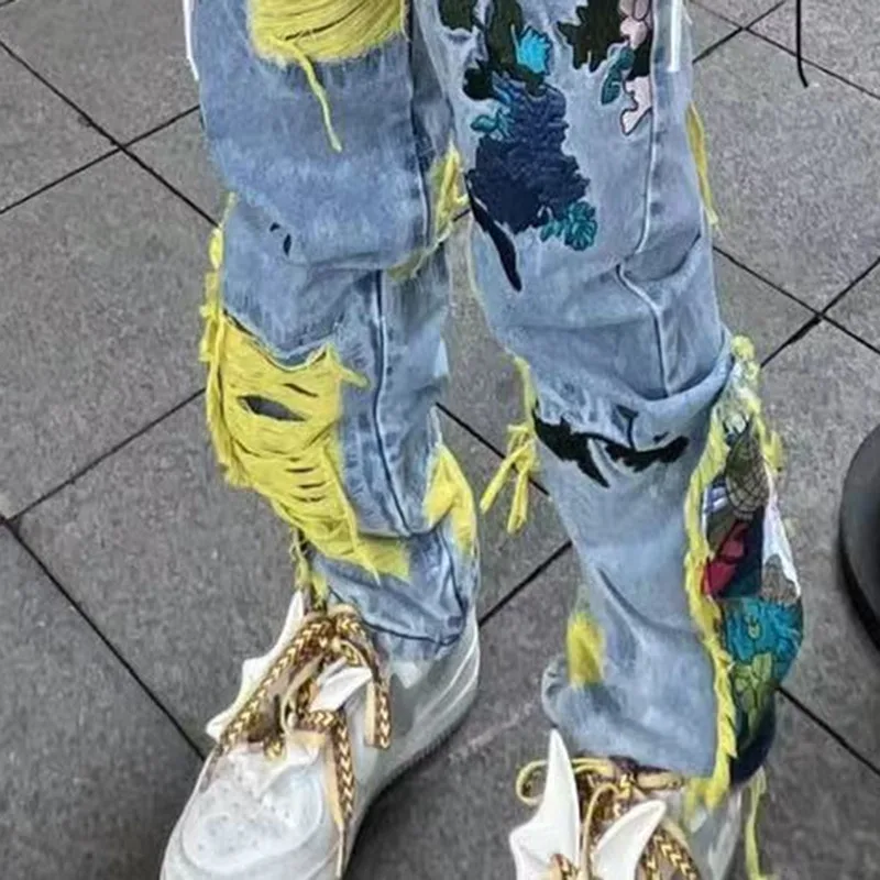 MWJLPWQ Hiphop Y2k American Street Heavy Stickerei Distressed Jeans Herren Unisex 2025, neue gebürstete Loch-Nissed-Langhose 12529