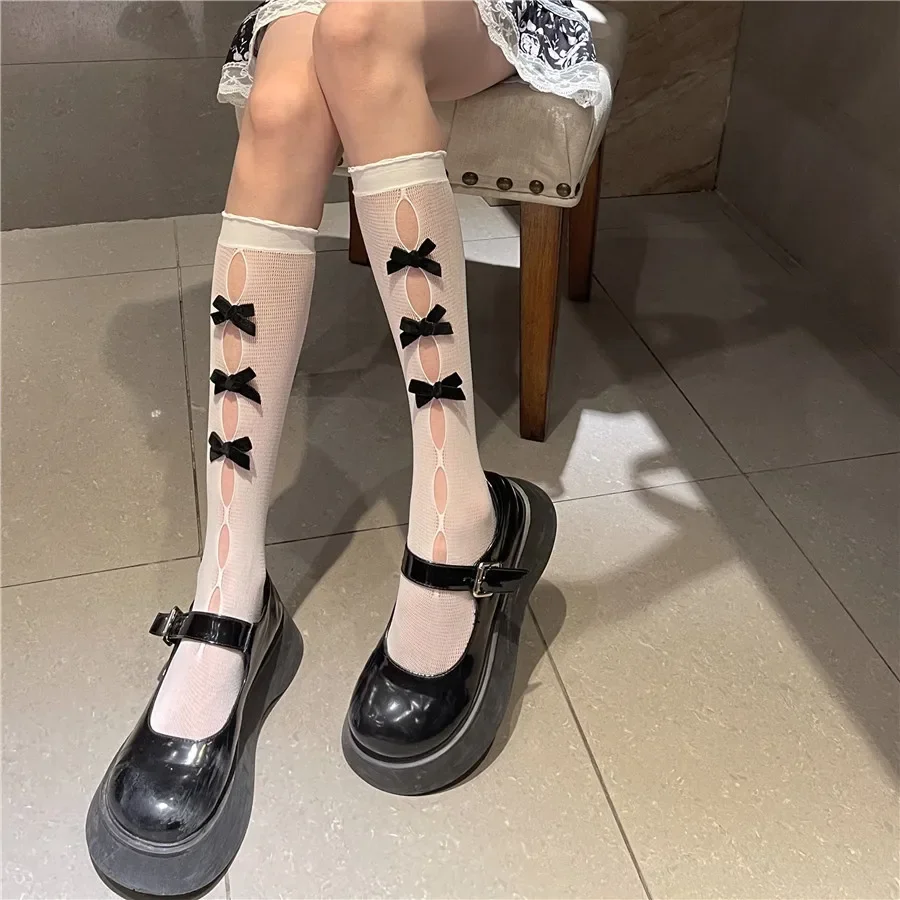 

Stockings Woman Summer Bowknot Hollow Cute Lolita Socks Medium Length Black/White Stockings Women Lingerie