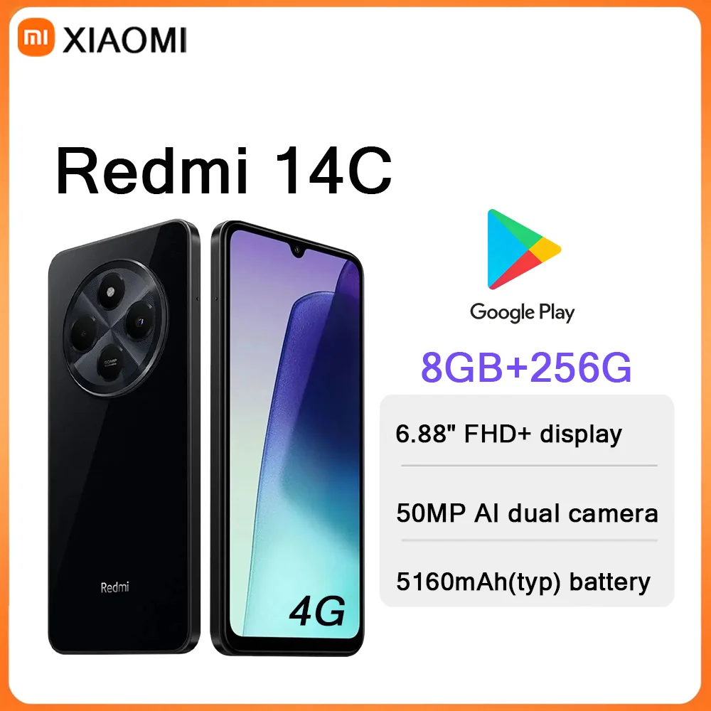 Redmi 14C 6.88" Screen 4G Smartphone 8GB+256GB 50MP Dual Camera 5160mAh Battery Type-C 2026 New Arrival Mobile Phone