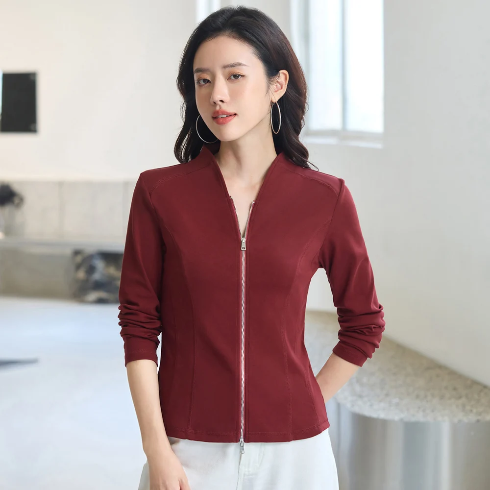 

European style Angora red long sleeved T-shirt for women's autumn new high-end cotton fashion plus zipper V-neck casual top