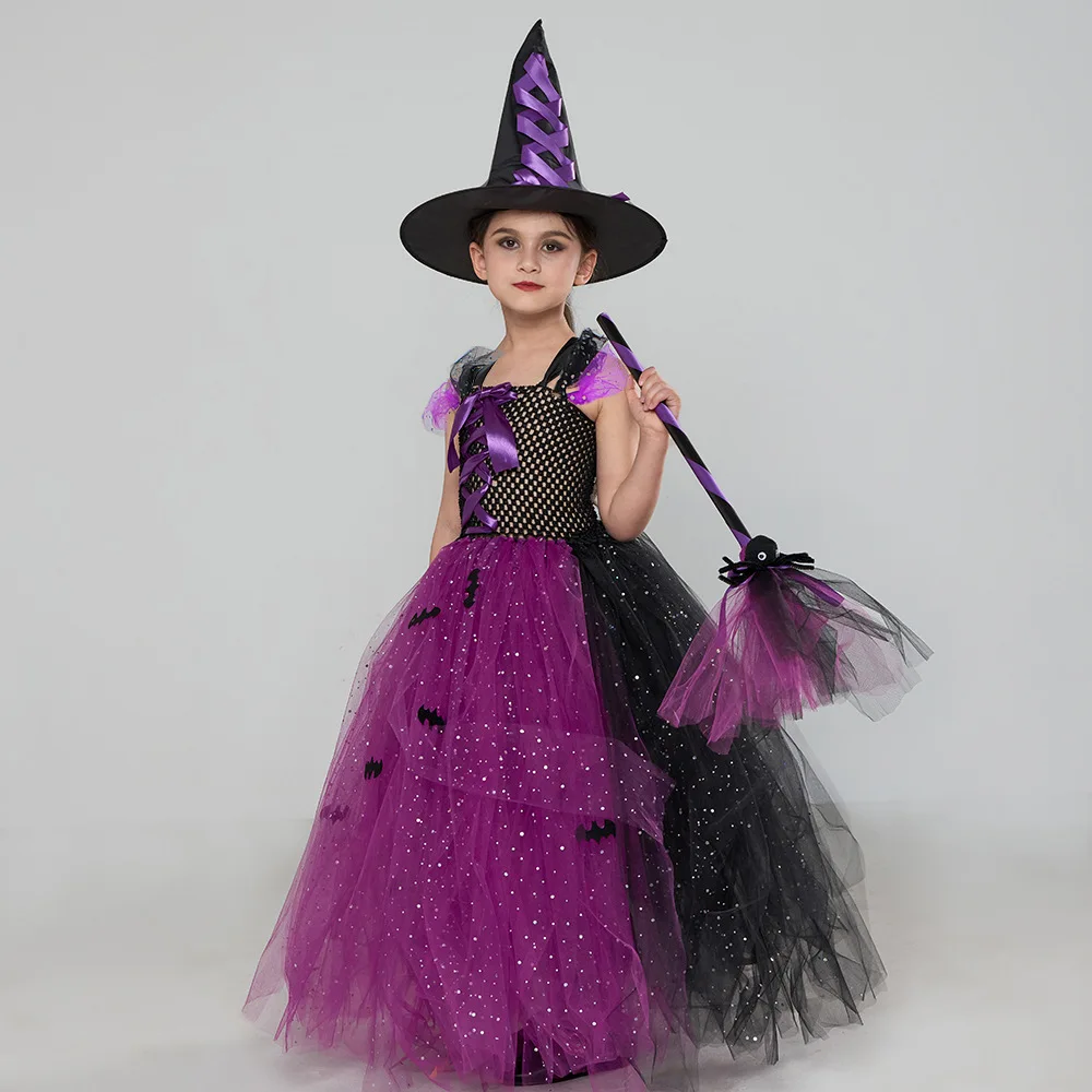 

Girls Witch Tutu Dress with Train Feathers Gothic Halloween Cosplay Witch Costume for Kids Fancy Carnival Party Dresses Clothes