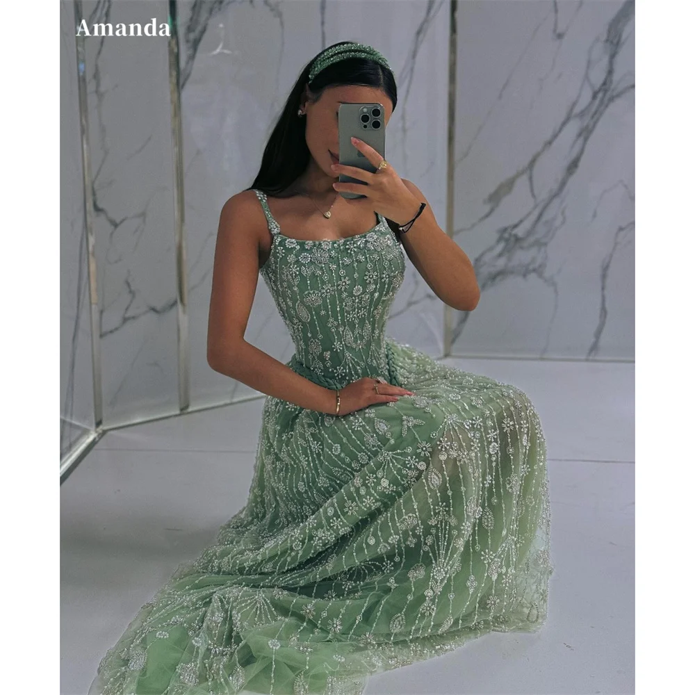 

Роскошное платье для выпускного вечера Amanda на тонких бретельках с бисером, трапециевидное платье без рукавов, платье длиной до пола, торжественное вечернее платье 2025