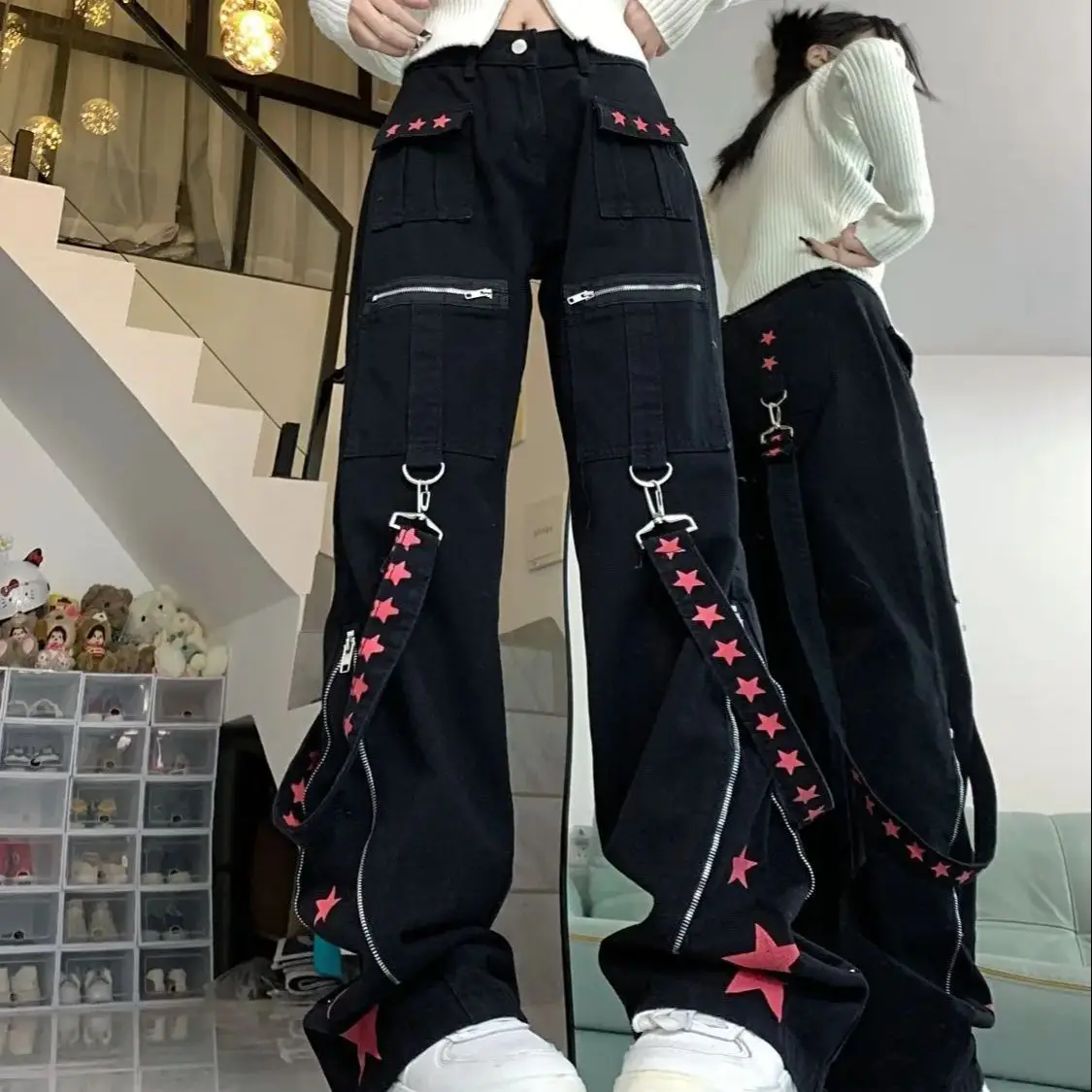 Cargo Jeans Black Gothic Harajuku Vintage Women Y2k Baggy Denim Trousers Cowboy Pants 90s Aesthetic Trashy Emo 2000s Clothes New