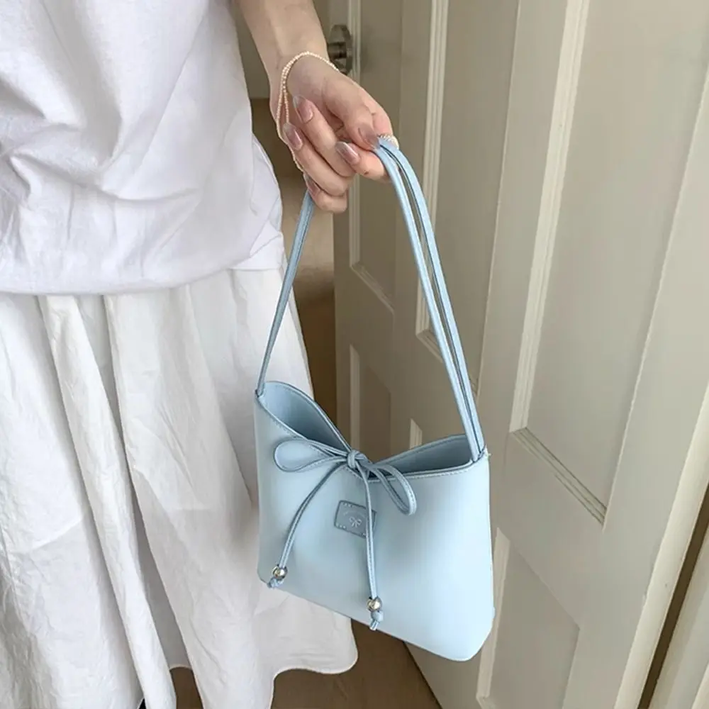 

Trendy Korean Bow Bucket Bag Y2k Pu Leather Bowknot Armpit Bag Sweet Leisure Shoulder Bag Women