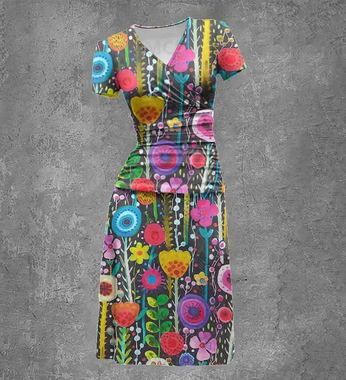 Abito da donna sexy con scollo a V e stampa floreale multicolore a maniche corte