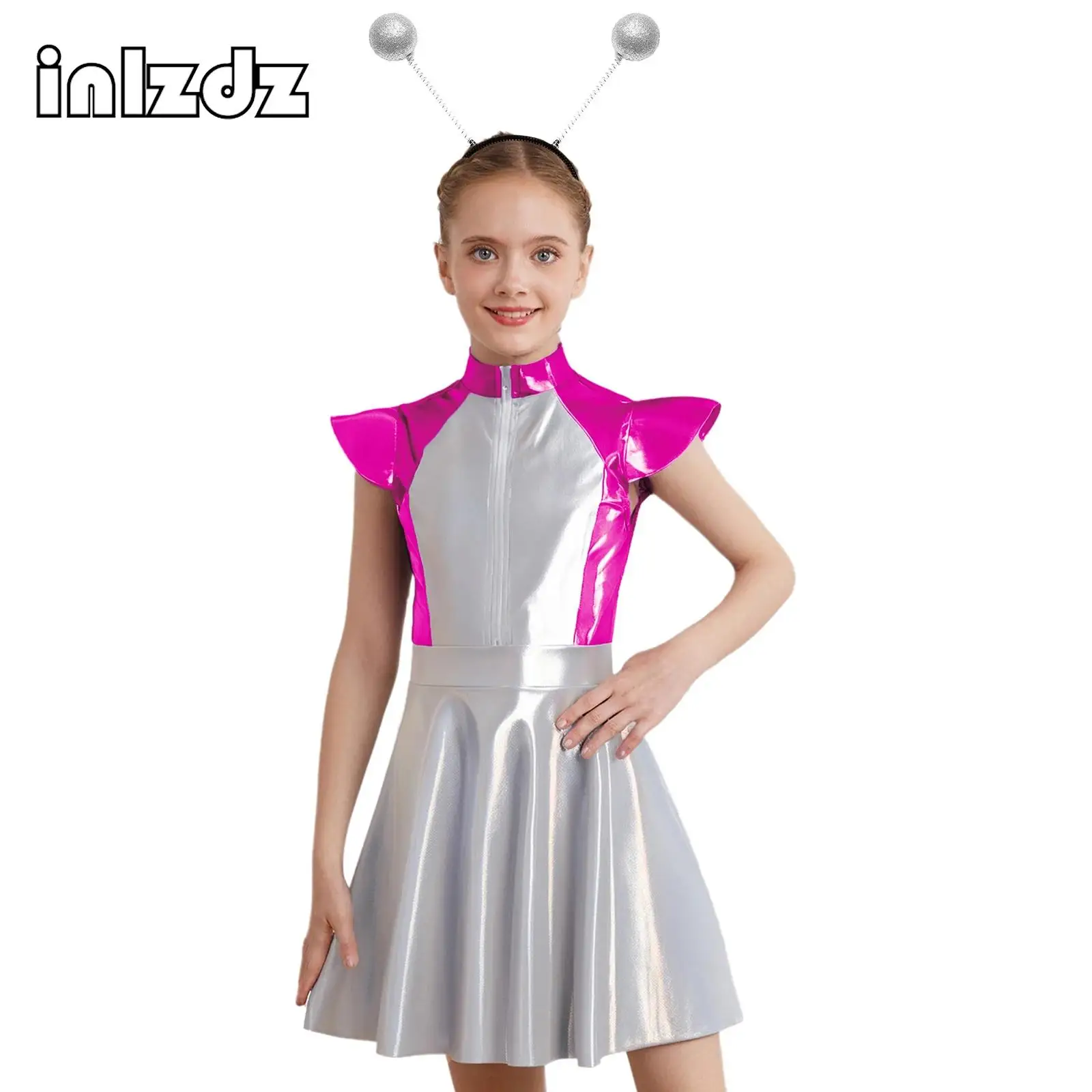 

Girls Alien Costume Cosplay Dress Up High Waist A-line Cutie Dress with Hair Hoop for Halloween Carnival Stage Performance Party