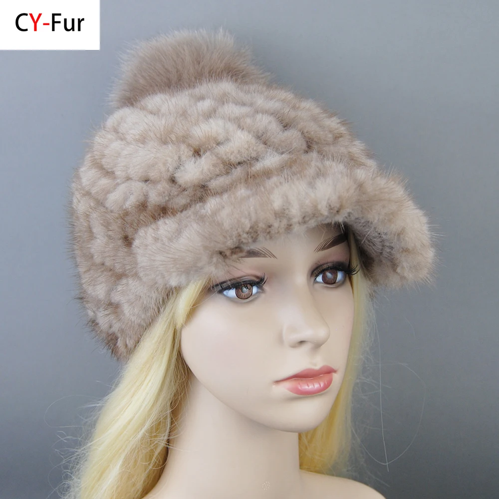 New Women Fashion 100% Genuine Mink Fur Hats Russia Lady Winter Hand Knitted Real Mink Fur Hat Natural Warm Mink Fur Visors Cap