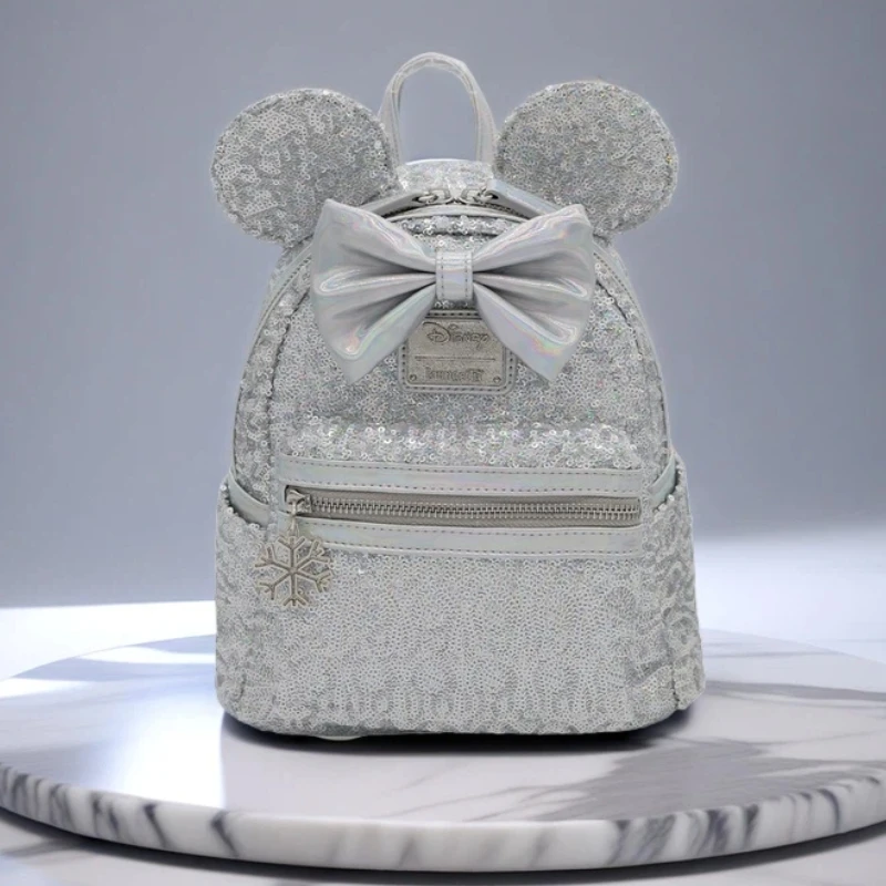 

Disney X Loungefly Mickey Silver Sequin Snowflake Design Backpack Cute Fashion Schoolbag For Disney Fans & Daily Use