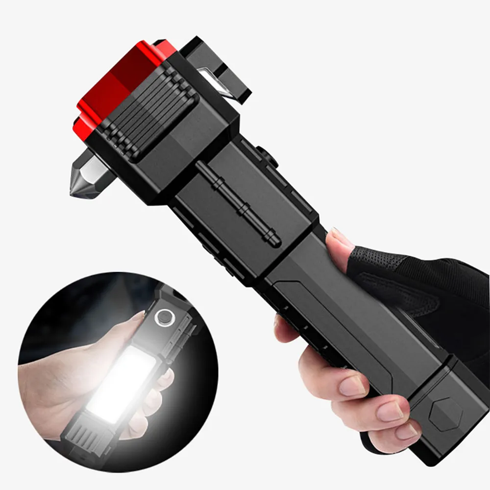 Superhelle LED-Taschenlampe mit Sicherheitshammer, Seitenlicht, Taschenlampe, USB-Ladeleuchte, tragbare Laterne, Outdoor-Abenteuerbeleuchtung