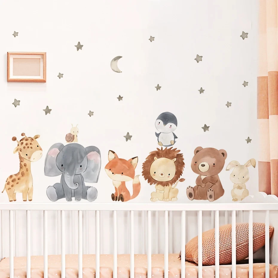 Watercolor Cartoon Cute Africa Animals Wall Stickers Elephant Giraffe Bear Fox Kids Room Wall Decals Decorative Sticker