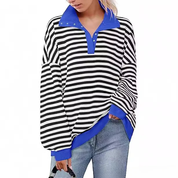 Women Sweatshirt Striped Top Long Sleeve Turn Down Collar 2024 Autumn Sweater Casual Streetwear Loose Fit Female Pullover Top