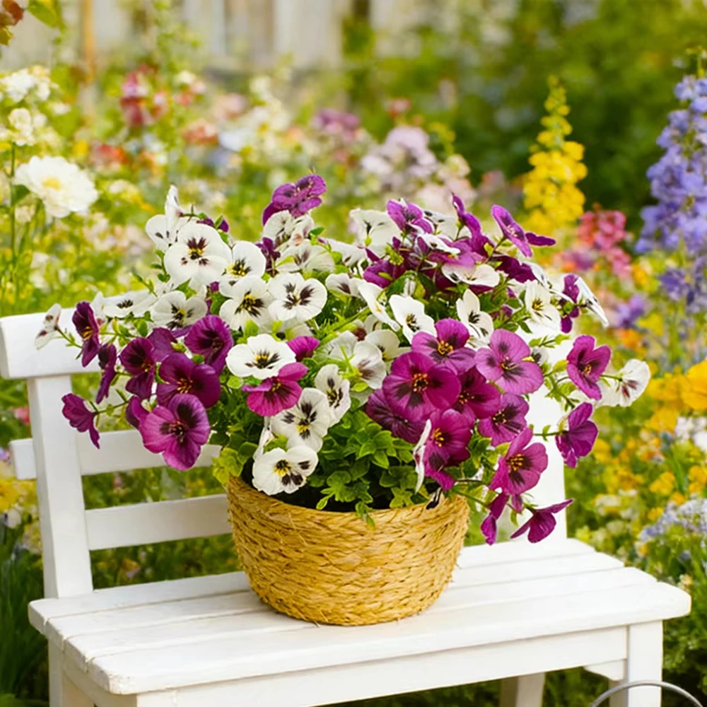 100pcs Pansy Flowers Plastic Eucalyptus Fake Pansies Spring Flower for Outdoor Window Easter Patio Garden Home Decor Artificial Flowers