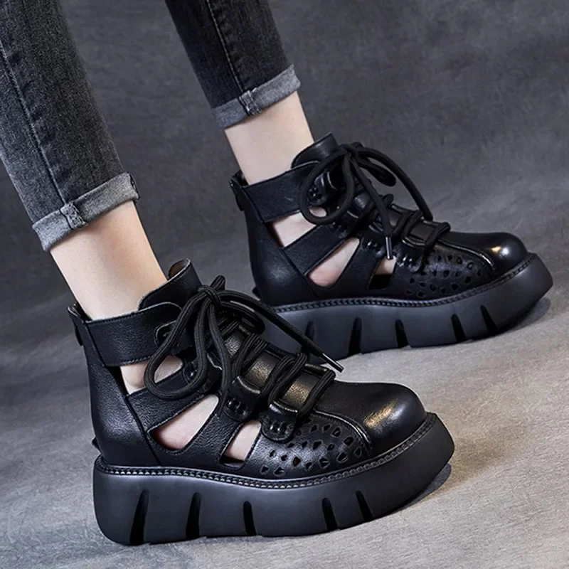 New Handmade Retro Women Platform Sandals Pu Leather Hollow Baotou Wedges Gladiator Shoe Back Zipper Thick Bottom Cool Boot