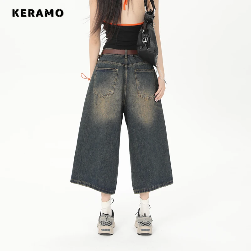 Vintage Streetwear Jeans wanita 2024 musim panas longgar pria kaki lebar celana pendek selutut pria kebesaran Fashion celana Denim Y2K