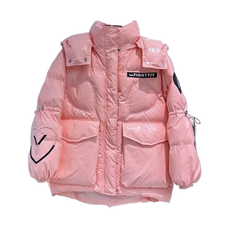 Nueva versión coreana de invierno, chaqueta de plumón brillante para mujer, chaqueta de plumón de pato blanco pequeña con capucha, color amarillo, personalidad Simple