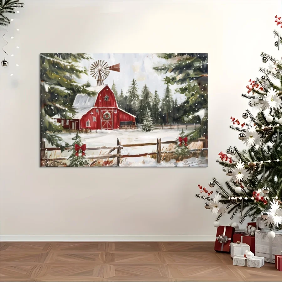 Póster de Granero rojo rústico de Navidad, pintura en lienzo para dormitorio, sala de estar, pasillo, regalo Ideal, decoración de pared, decoración de invierno, 1 ud.