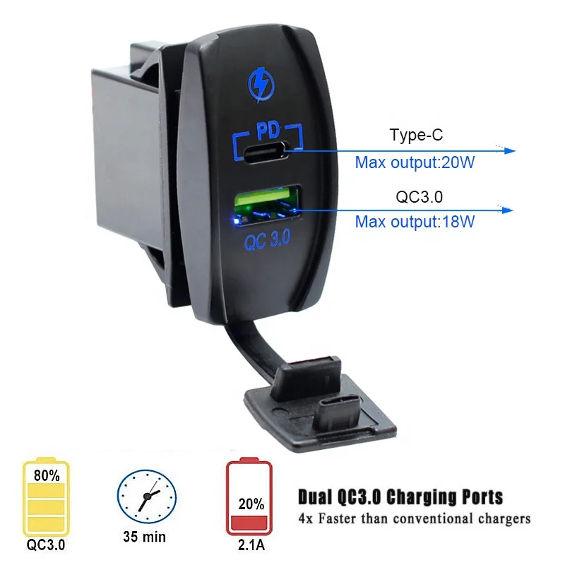 الروك نمط مقاوم للماء PD USB نوع C & QC3.0 شاحن سريع مقبس شحن الطاقة منفذ محول لقارب بحري RV
